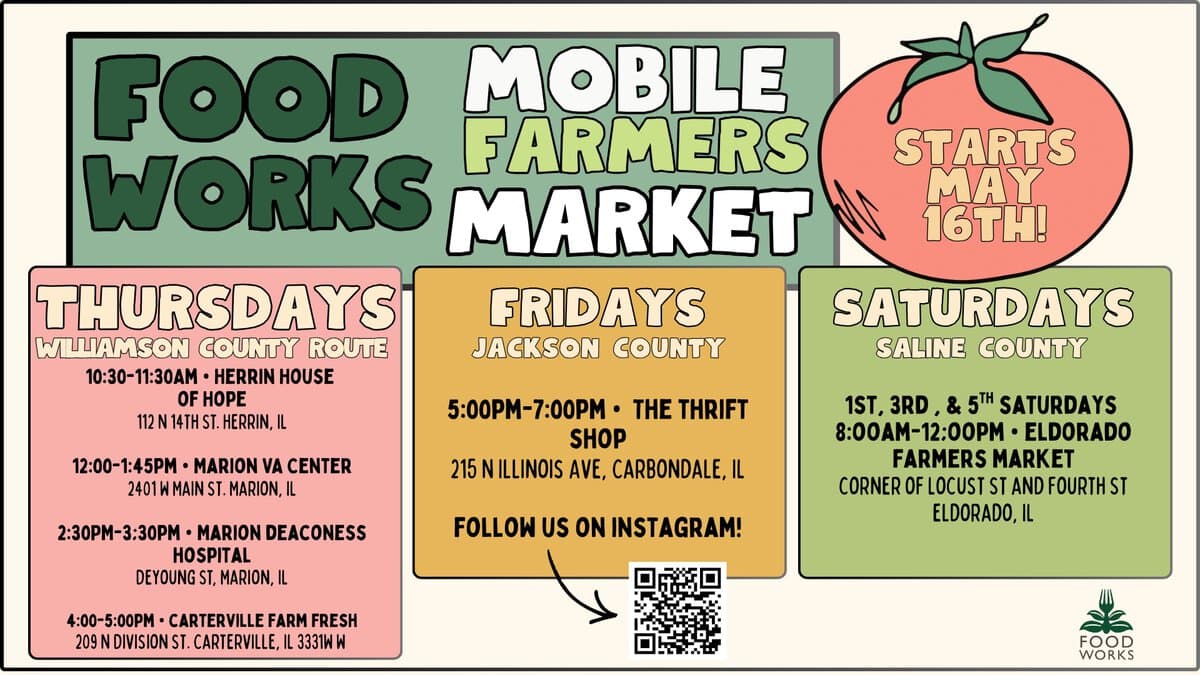 Mobile Farmers Market 2026 schedule flyer with dates and locations for weekly produce stops